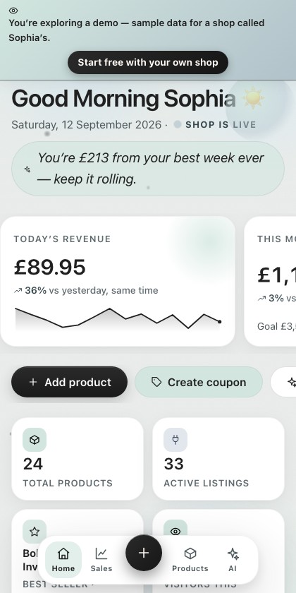 Cha Ching running on a phone, showing today's revenue and this month's progress towards the goal.